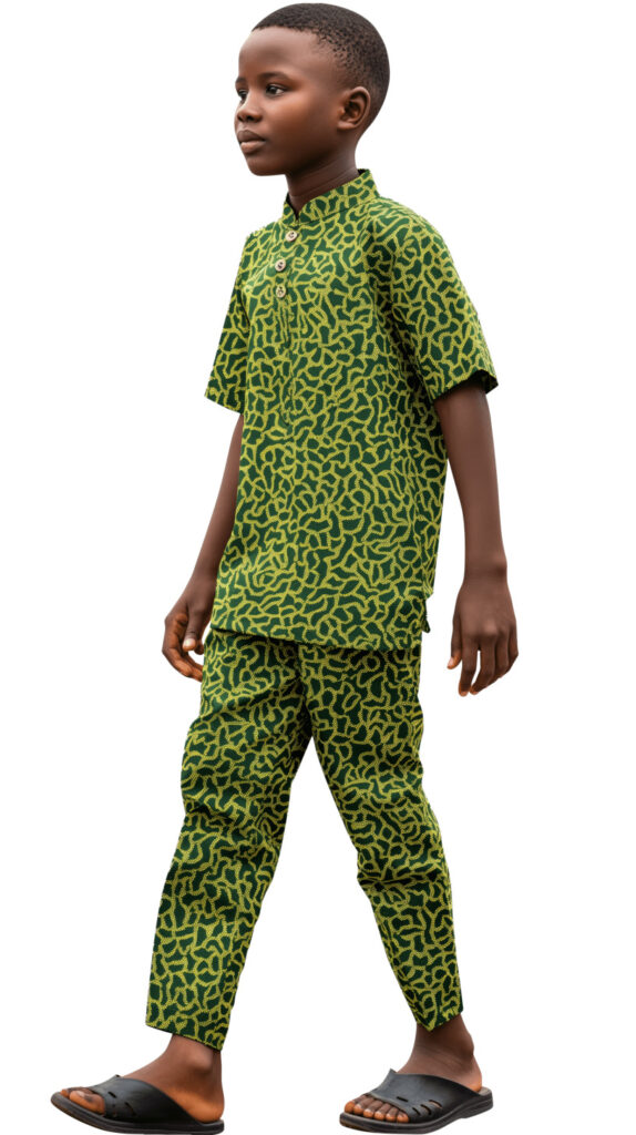 African boy in green traditional attire walking front view cutout