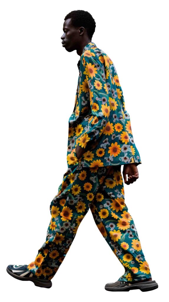 African man in colorful attire walking side view