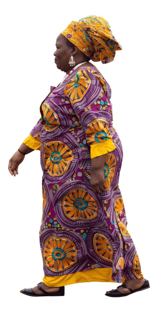 Overweight mature african in traditional attire woman walking profile view cutout