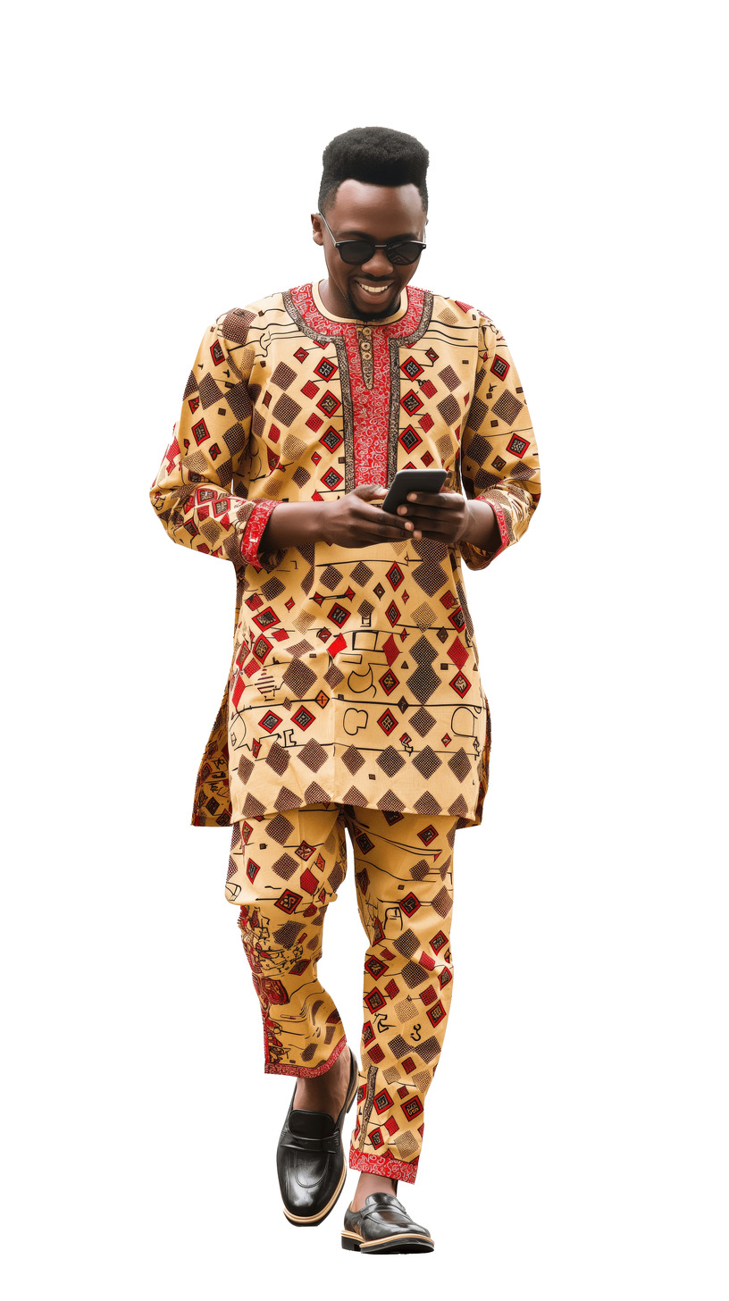 Young african man in traditional attire walking while texting on his smartphone