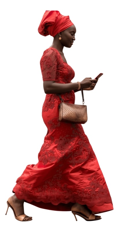 Young african woman in red traditional attire walking while texting on her smartphone
