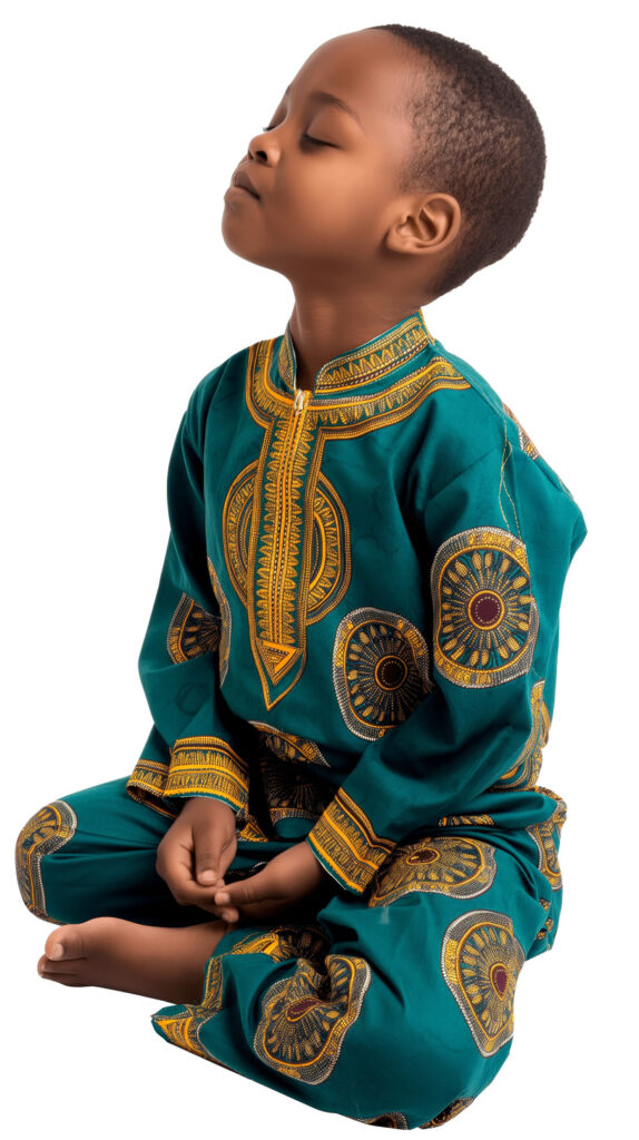african boy in traditional attire sitting eyes closed