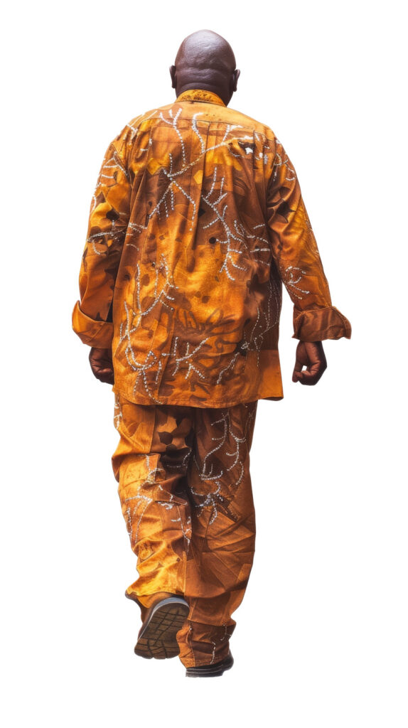 african senior man walking away in orange traditional attire