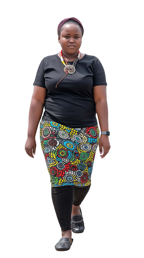 overweight african woman walking looking the camera cutout