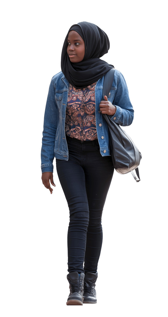 veiled african girl in casual clothes walking