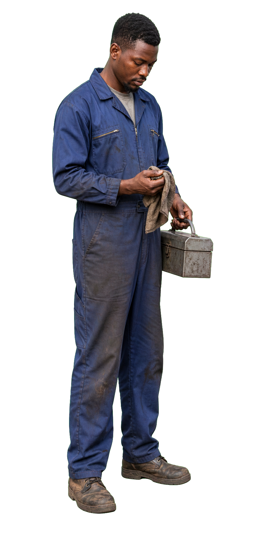 African man roadside mechanic wiping hand