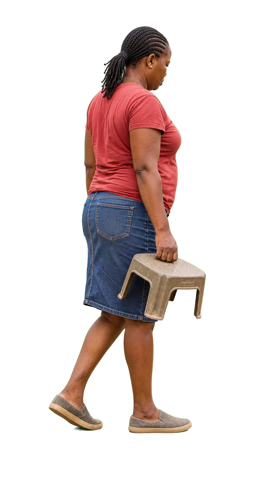 African woman carrying small plastic stool