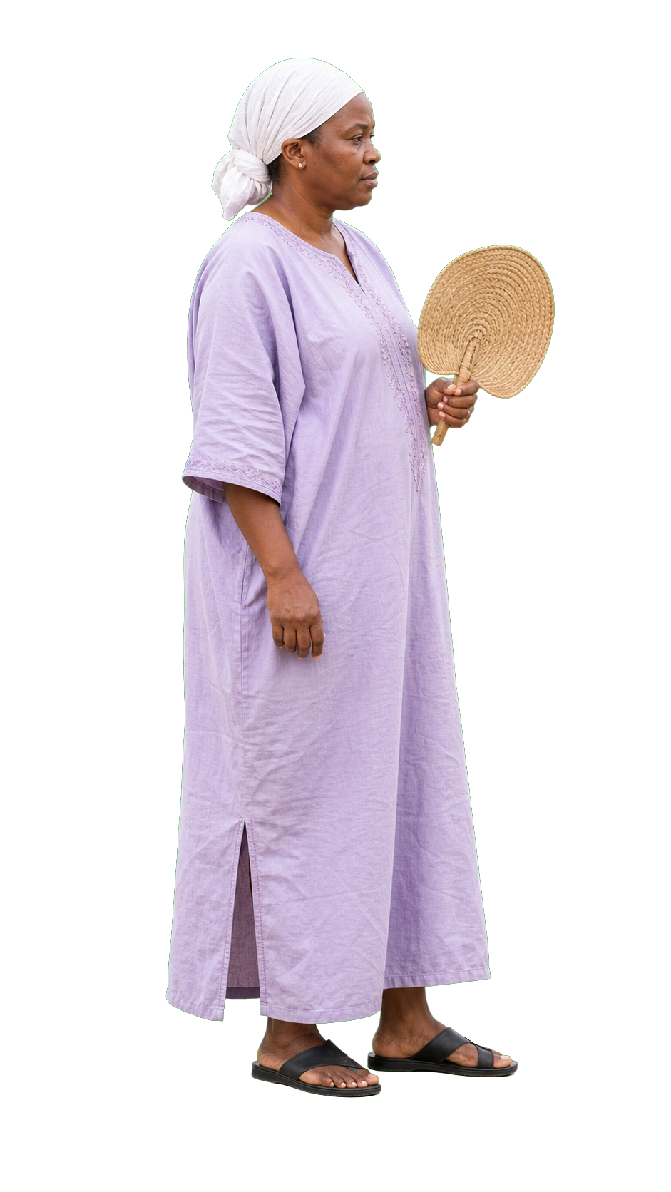 African woman fanning herself with woven fan
