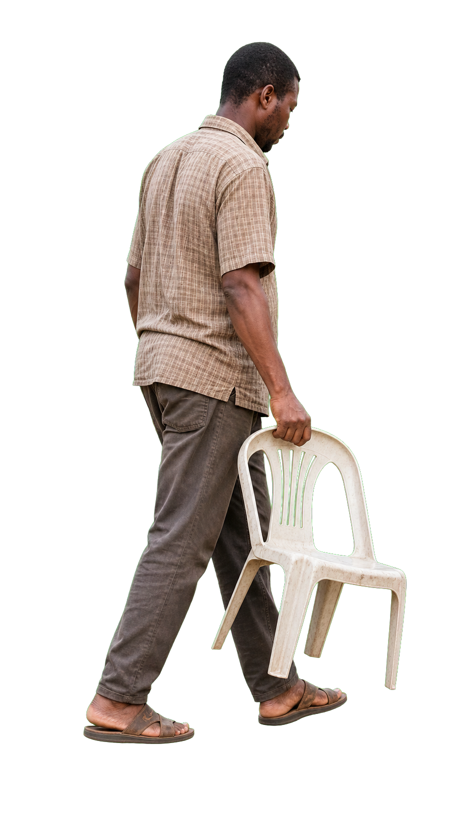 African man carrying simple plastic chair