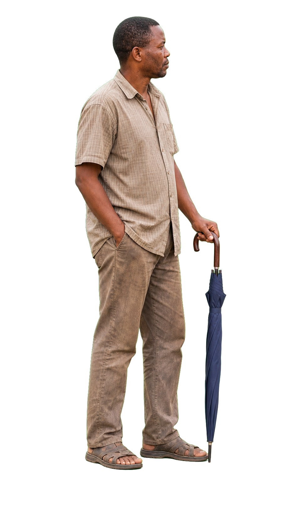 African man waiting with closed umbrella