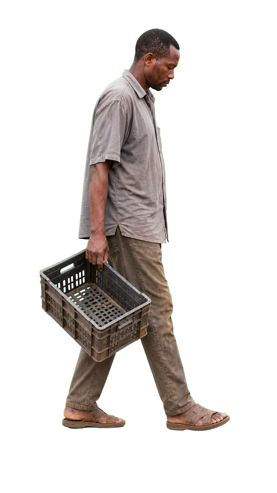 African man carrying empty light crate profile