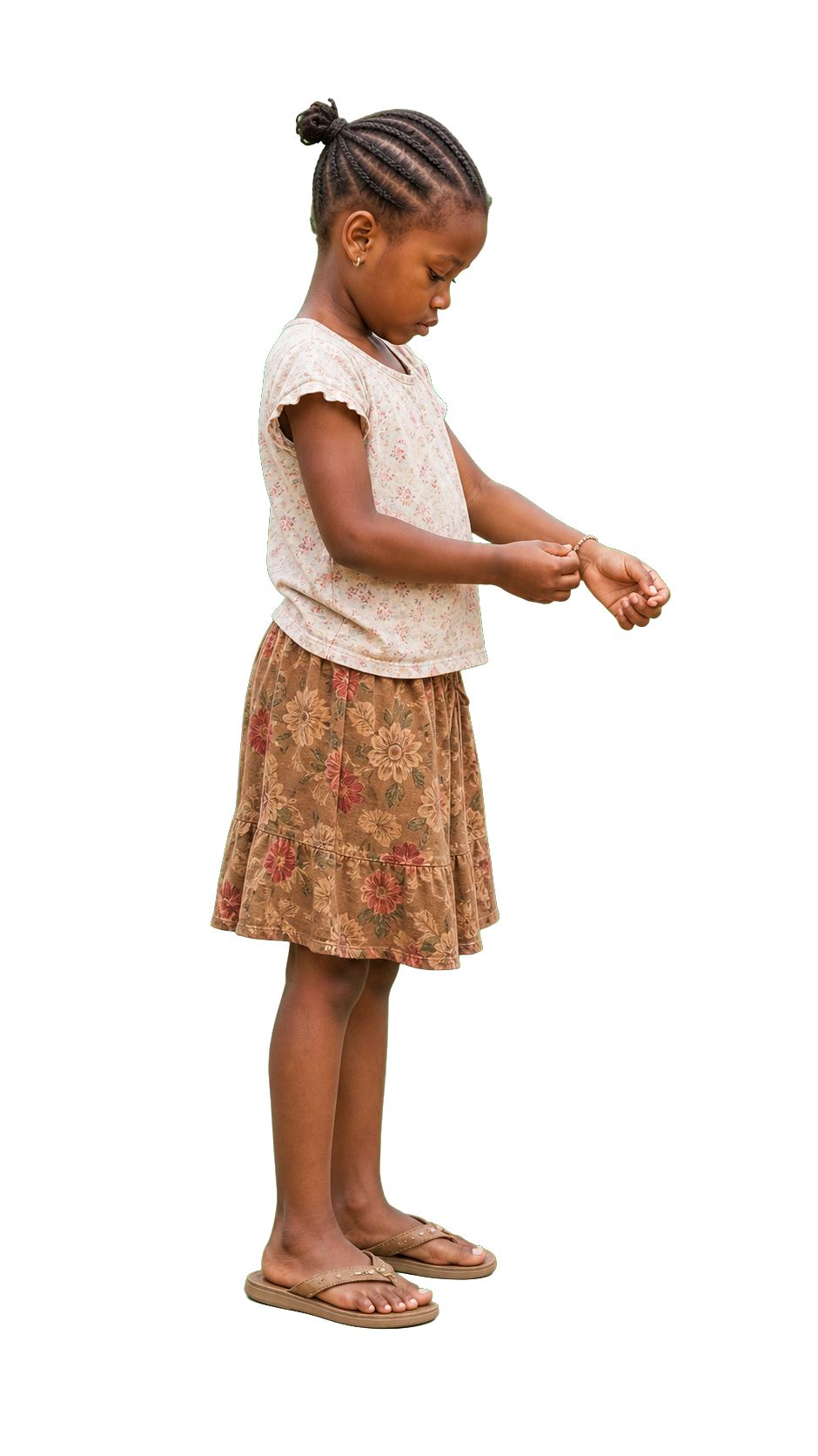 African girl adjusting bracelet looking at hands