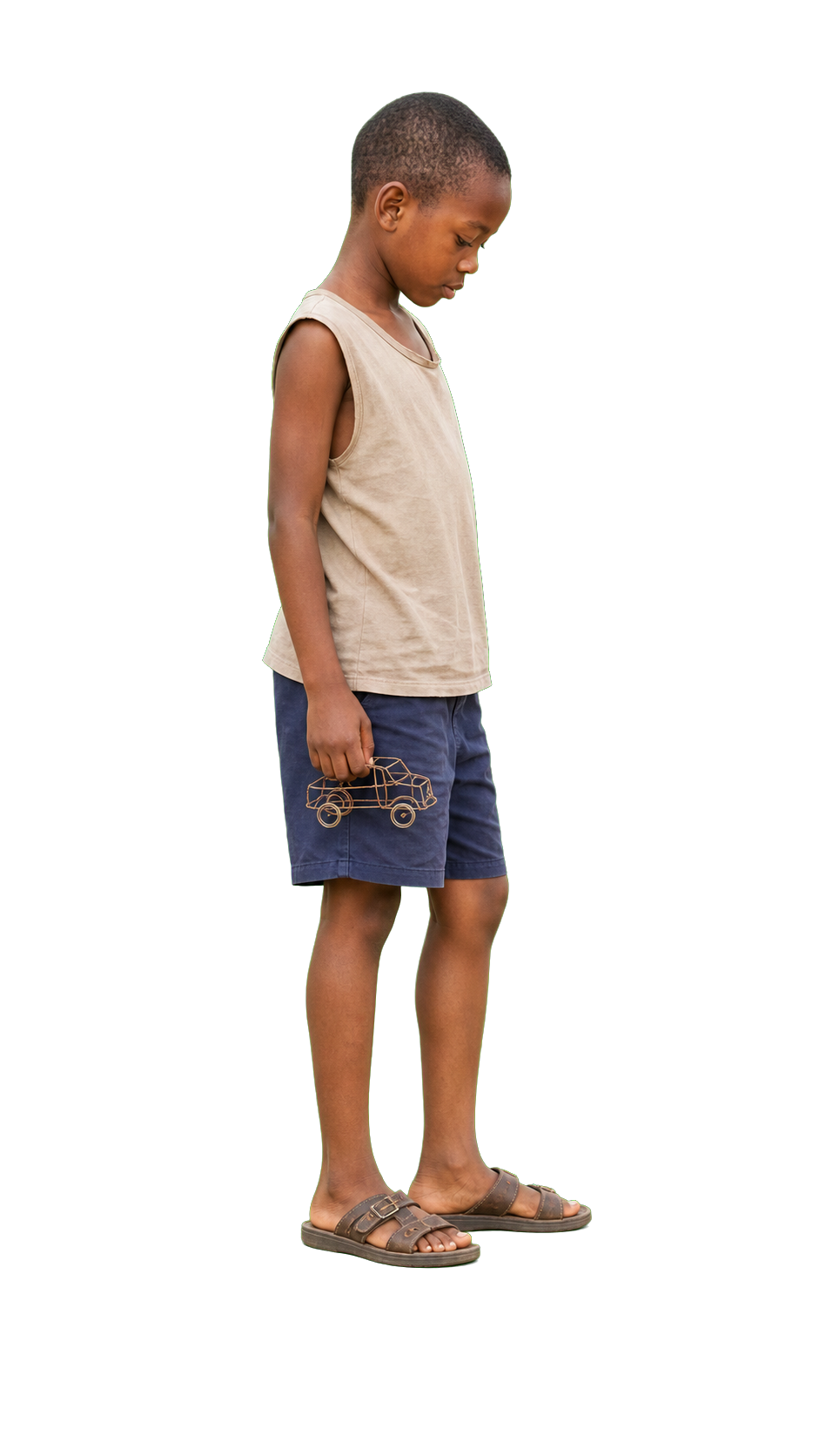 African boy holding wire toy car