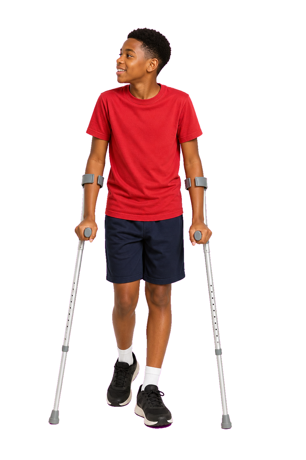 African boy using crutches looking left