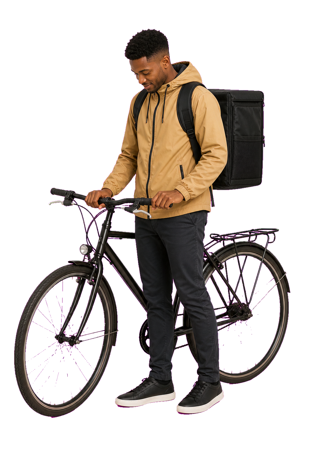 African male bicycle courier looking at handlebar