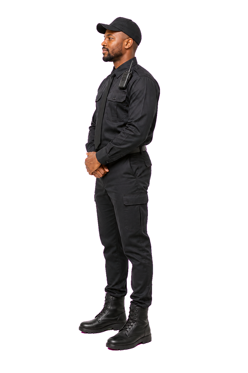 African man security guard profile looking left