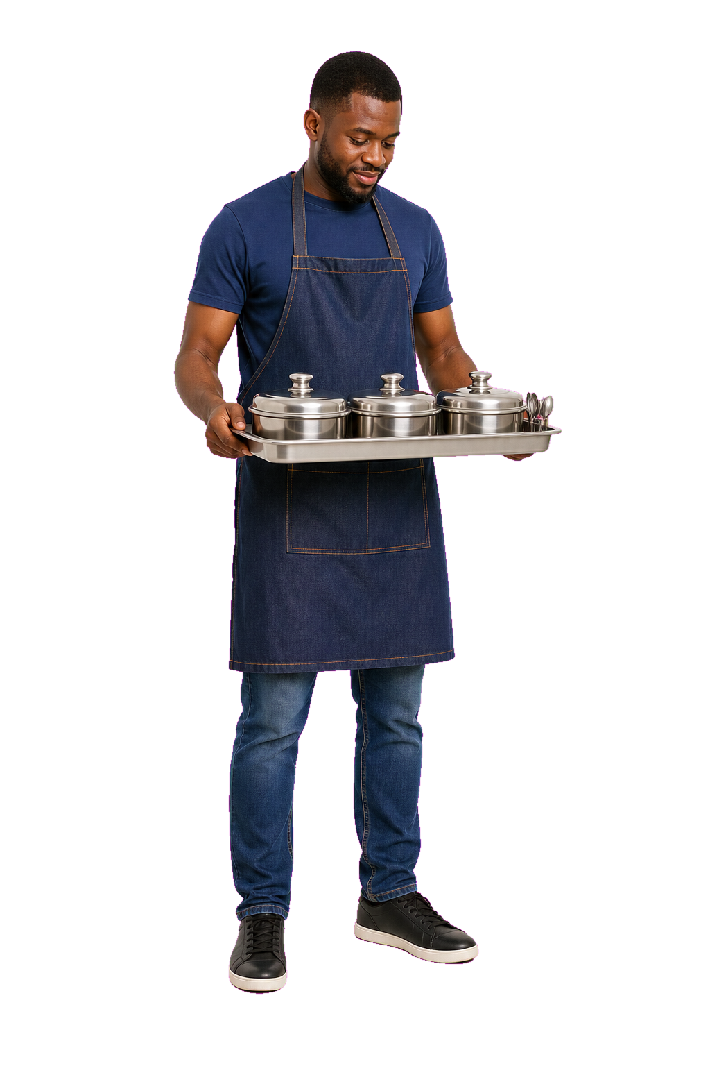 African man street food vendor looking at tray