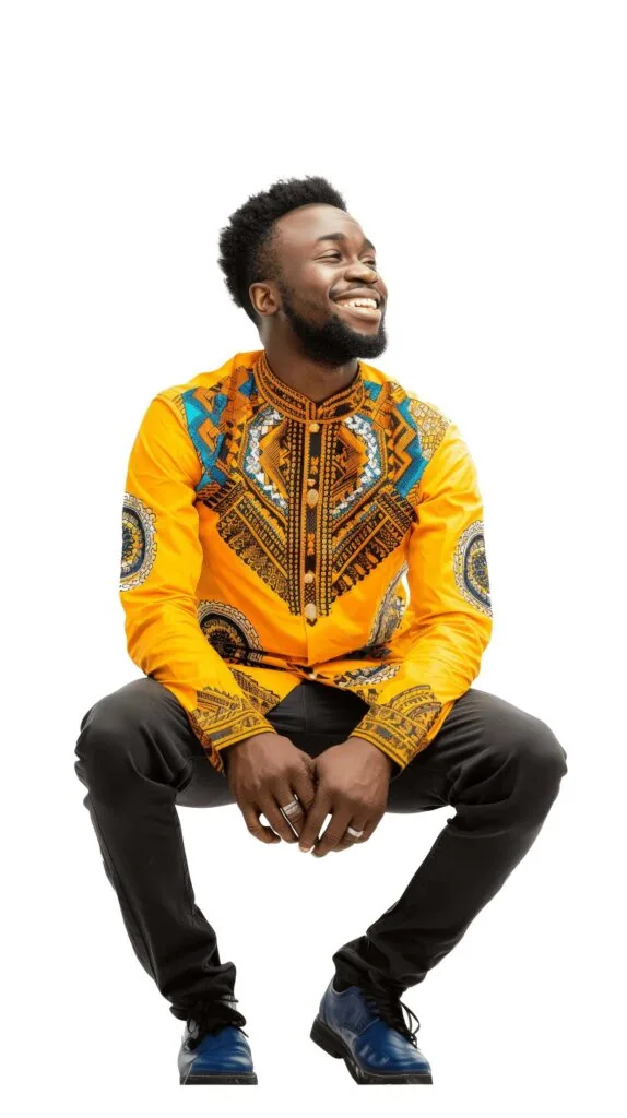 African man in african traditional attire sitting looking up cutout