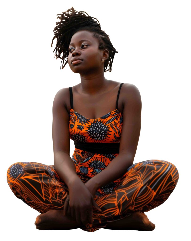 African Young woman in orange attire sitting